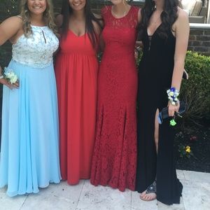 Betsy & Adam Red Lace Prom Dress